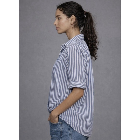 Max Studio Women's Size Small White & Blue Striped Cuffed Short Sleeve Shirt - Picture 2 of 11